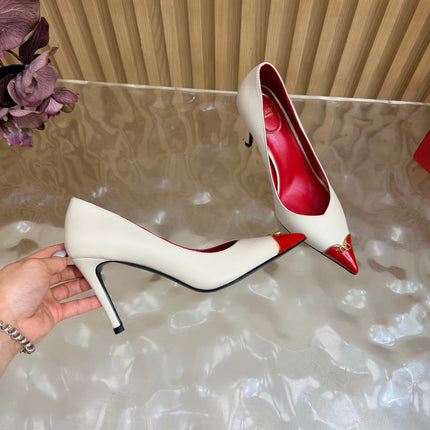VALENTINO 26S CAP-TOE PUMPS 90 MM IN CREAM WHITE AND RED CALFSKIN