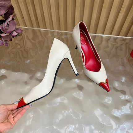 VALENTINO 26S CAP-TOE PUMPS 90 MM IN CREAM WHITE AND RED CALFSKIN