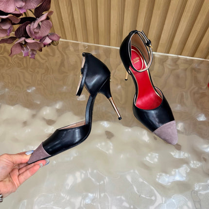 VALENTINO 26S ANKLE-STRA PUMPS 100 MM IN BLACK CALFSKIN AND GREY SUEDE 