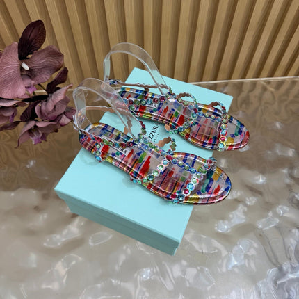 AQUAZZURA 26S FLAT SANDALS IN MULTICOLOR SNAKESKIN CRYSTAL EMBELLISHED