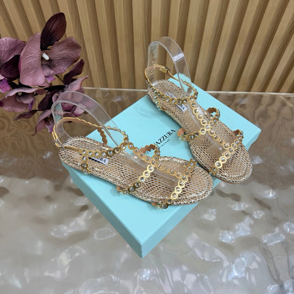 AQUAZZURA 26S FLAT SANDALS IN GOLD SNAKESKIN CRYSTAL EMBELLISHED