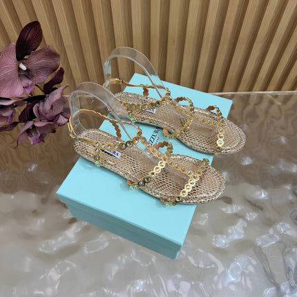 AQUAZZURA 26S FLAT SANDALS IN GOLD SNAKESKIN CRYSTAL EMBELLISHED