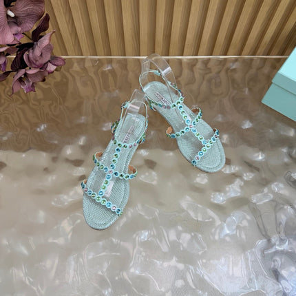 AQUAZZURA 26S FLAT SANDALS IN LIGHT BLUE SNAKESKIN CRYSTAL EMBELLISHED
