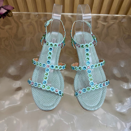 AQUAZZURA 26S FLAT SANDALS IN LIGHT BLUE SNAKESKIN CRYSTAL EMBELLISHED