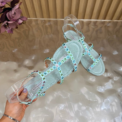 AQUAZZURA 26S FLAT SANDALS IN LIGHT BLUE SNAKESKIN CRYSTAL EMBELLISHED