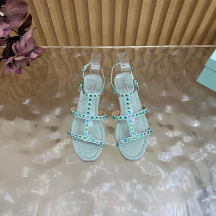 AQUAZZURA 26S FLAT SANDALS IN LIGHT BLUE SNAKESKIN CRYSTAL EMBELLISHED