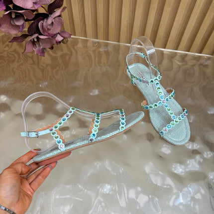 AQUAZZURA 26S FLAT SANDALS IN LIGHT BLUE SNAKESKIN CRYSTAL EMBELLISHED