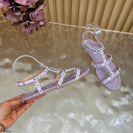 AQUAZZURA 26S FLAT SANDALS IN LIGHT PURPLE SNAKESKIN CRYSTAL EMBELLISHED