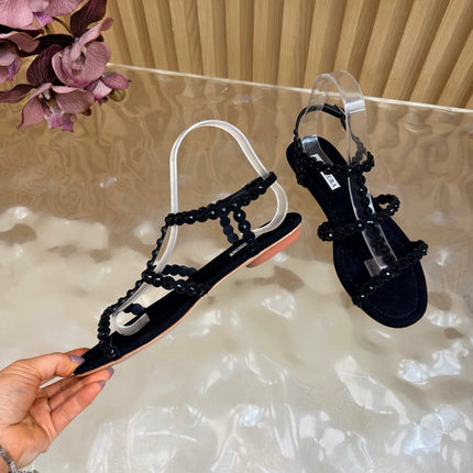 AQUAZZURA 26S FLAT SANDALS IN BLACK SUEDE CRYSTAL EMBELLISHED