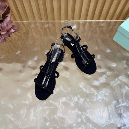 AQUAZZURA 26S FLAT SANDALS IN BLACK SUEDE CRYSTAL EMBELLISHED
