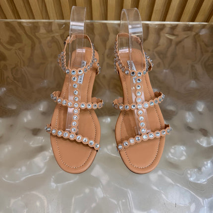 AQUAZZURA 26S FLAT SANDALS IN NUDE CALFKSIN CRYSTAL EMBELLISHED