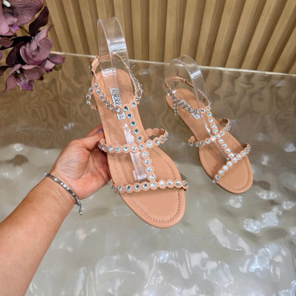 AQUAZZURA 26S FLAT SANDALS IN NUDE CALFKSIN CRYSTAL EMBELLISHED