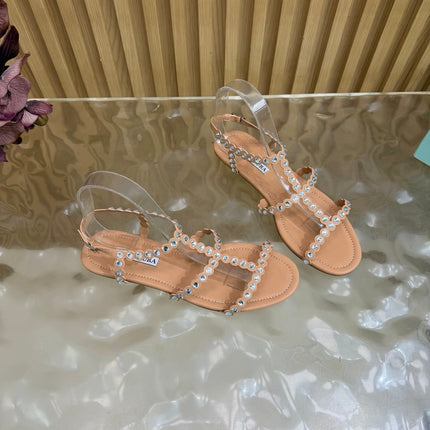 AQUAZZURA 26S FLAT SANDALS IN NUDE CALFKSIN CRYSTAL EMBELLISHED