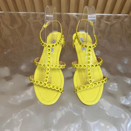 AQUAZZURA 26S FLAT SANDALS IN YELLOW CALFKSIN CRYSTAL EMBELLISHED