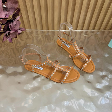 AQUAZZURA 26S FLAT SANDALS IN LIGHT BROWN CALFKSIN CRYSTAL EMBELLISHED