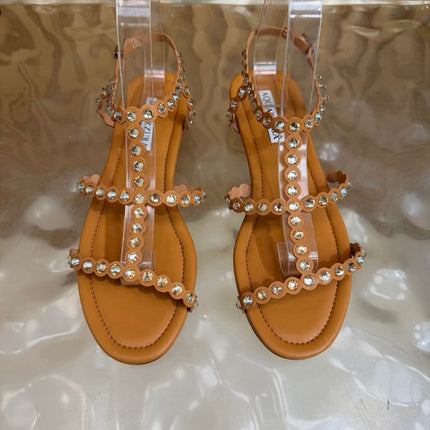 AQUAZZURA 26S FLAT SANDALS IN LIGHT BROWN CALFKSIN CRYSTAL EMBELLISHED