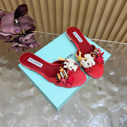 AQUAZZURA 26S SANDALS IN RED CANVAS WITH CROCHET APPLIQUES