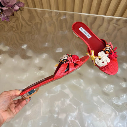 AQUAZZURA 26S SANDALS IN RED CANVAS WITH CROCHET APPLIQUES