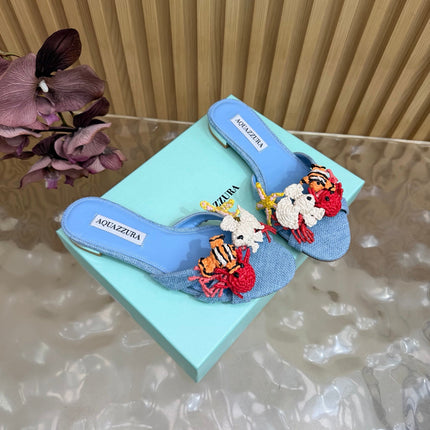 AQUAZZURA 26S SANDALS IN SKY BLUE CANVAS WITH CROCHET APPLIQUES
