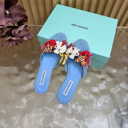 AQUAZZURA 26S SANDALS IN SKY BLUE CANVAS WITH CROCHET APPLIQUES