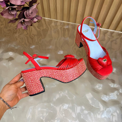 VALENTINO 26S PLATFORM SANDALS 90 MM IN RED CALFSKIN WOVEN FABRIC