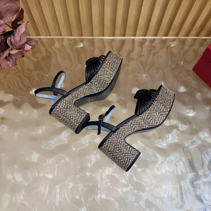 VALENTINO 26S PLATFORM SANDALS 90 MM IN BLACK CALFSKIN BEIGE WOVEN FABRIC