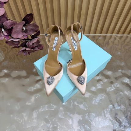 AQUAZZURA 26S POINTED-TOE HIGH HEELS 100 MM IN BEIGE SATIN