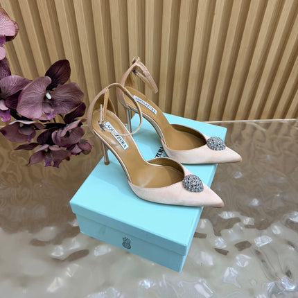 AQUAZZURA 26S POINTED-TOE HIGH HEELS 100 MM IN BEIGE SATIN