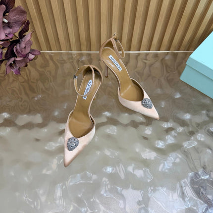 AQUAZZURA 26S POINTED-TOE HIGH HEELS 100 MM IN BEIGE SATIN