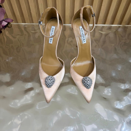 AQUAZZURA 26S POINTED-TOE HIGH HEELS 100 MM IN BEIGE SATIN