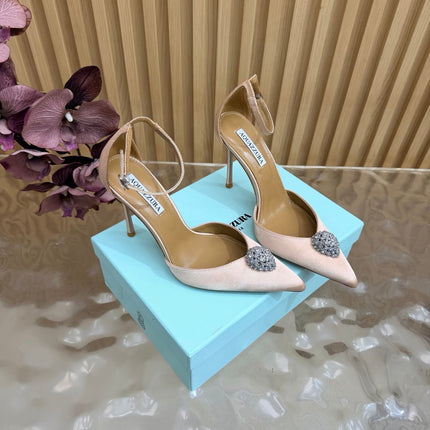 AQUAZZURA 26S POINTED-TOE HIGH HEELS 100 MM IN BEIGE SATIN