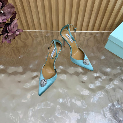 AQUAZZURA 26S POINTED-TOE HIGH HEELS 100 MM IN LIGHT BLUE SATIN
