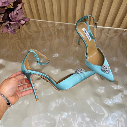 AQUAZZURA 26S POINTED-TOE HIGH HEELS 100 MM IN LIGHT BLUE SATIN