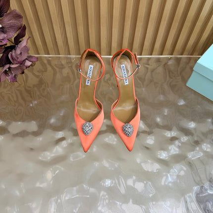 AQUAZZURA 26S POINTED-TOE HIGH HEELS 100 MM IN ORANGE SATIN
