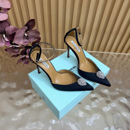 AQUAZZURA 26S POINTED-TOE HIGH HEELS 100 MM IN BLACK SATIN