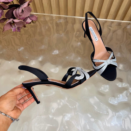 AQUAZZURA 26S HEELED SANDALS 75 MM IN BLACK AND SILVER SATIN