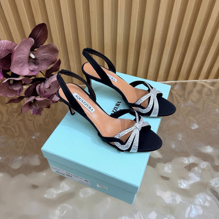 AQUAZZURA 26S HEELED SANDALS 75 MM IN BLACK AND SILVER SATIN