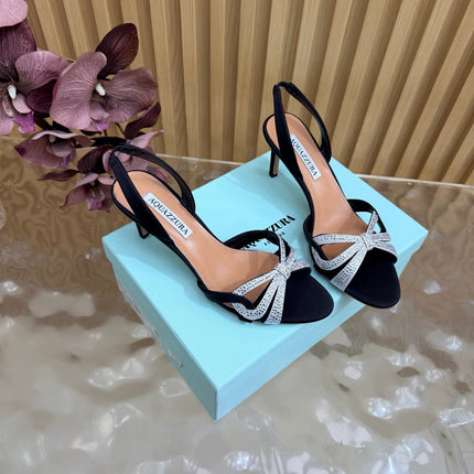 AQUAZZURA 26S HEELED SANDALS 75 MM IN BLACK AND SILVER SATIN