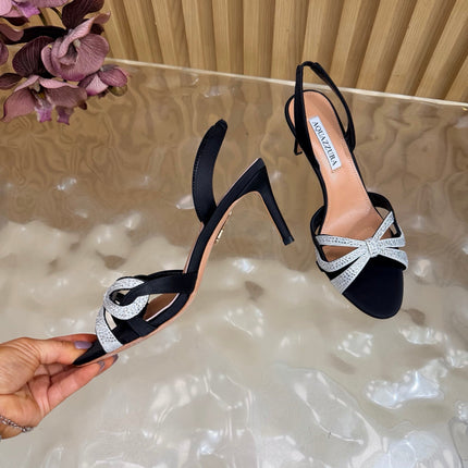 AQUAZZURA 26S HEELED SANDALS 75 MM IN BLACK AND SILVER SATIN