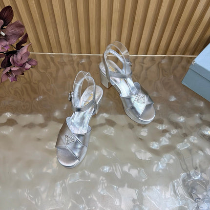 PRADA 26S BLOCK HEEL SANDALS 75 MM IN SILVER CALFSKIN