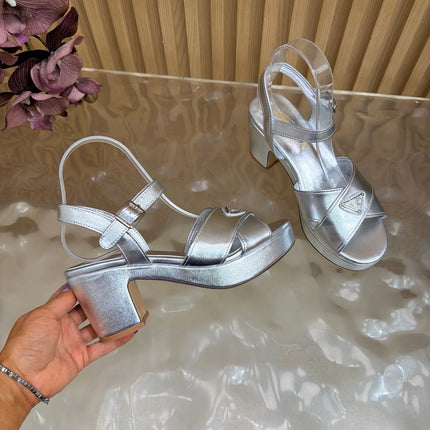 PRADA 26S BLOCK HEEL SANDALS 75 MM IN SILVER CALFSKIN