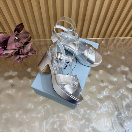PRADA 26S BLOCK HEEL SANDALS 75 MM IN SILVER CALFSKIN