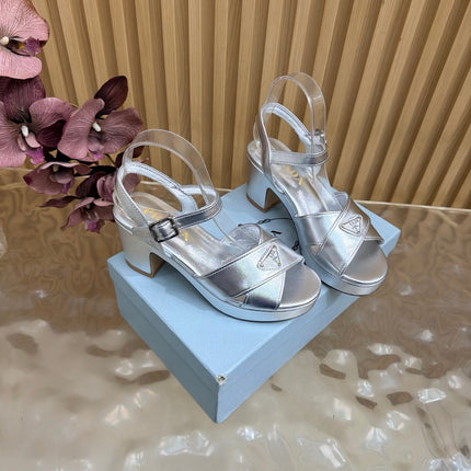 PRADA 26S BLOCK HEEL SANDALS 75 MM IN SILVER CALFSKIN