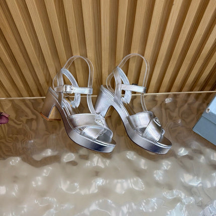 PRADA 26S BLOCK HEEL SANDALS 75 MM IN SILVER CALFSKIN