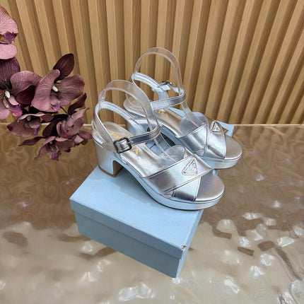 PRADA 26S BLOCK HEEL SANDALS 75 MM IN SILVER CALFSKIN
