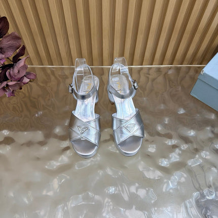 PRADA 26S BLOCK HEEL SANDALS 75 MM IN SILVER CALFSKIN