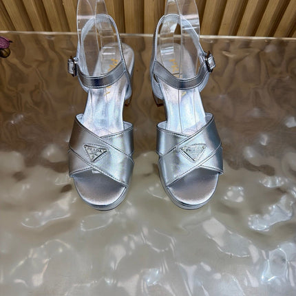 PRADA 26S BLOCK HEEL SANDALS 75 MM IN SILVER CALFSKIN
