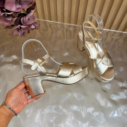 PRADA 26S BLOCK HEEL SANDALS 75 MM IN LIGHT GOLD CALFSKIN 