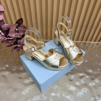 PRADA 26S BLOCK HEEL SANDALS 75 MM IN LIGHT GOLD CALFSKIN 