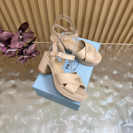 PRADA 26S BLOCK HEEL SANDALS 75 MM IN BEIGE CALFSKIN 